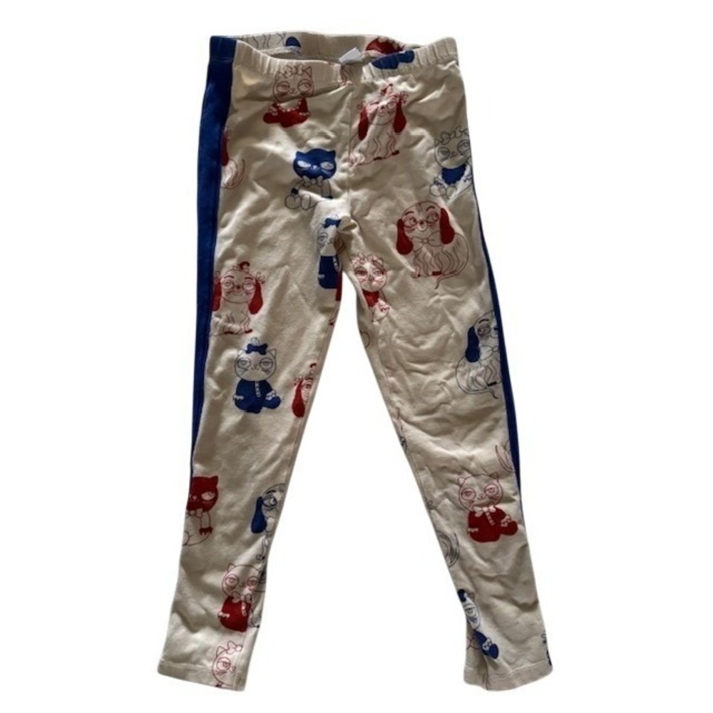 Mini Rodini Kids Organic Cat Dog Print Leggings Blue Red Side Stripe 4-5Y104/110